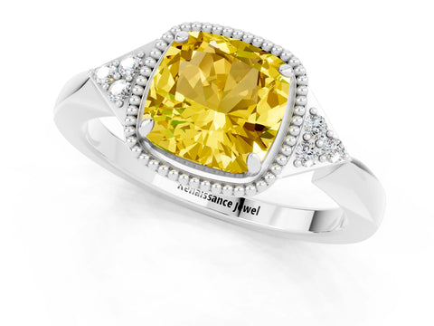 White gold Cushion Cut Yellow Sapphire Halo Ring with Tapered Band and Four-Prong Setting_1