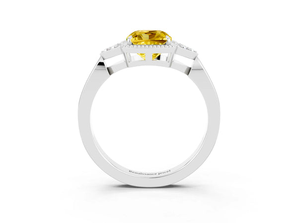 Platinum Cushion Cut Yellow Sapphire Halo Ring with Tapered Band and Four-Prong Setting
