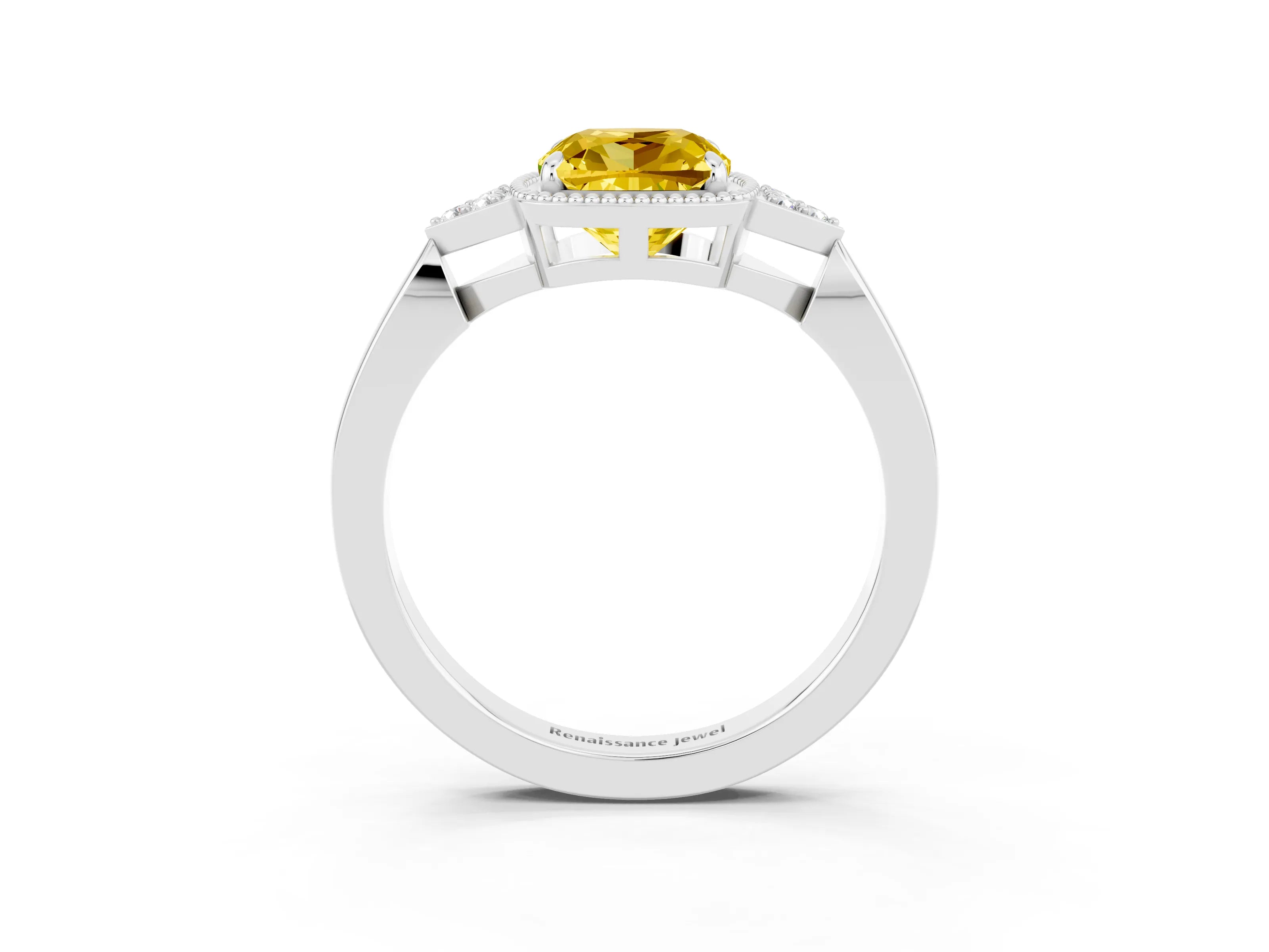 White gold Cushion Cut Yellow Sapphire Halo Ring with Tapered Band and Four-Prong Setting_3