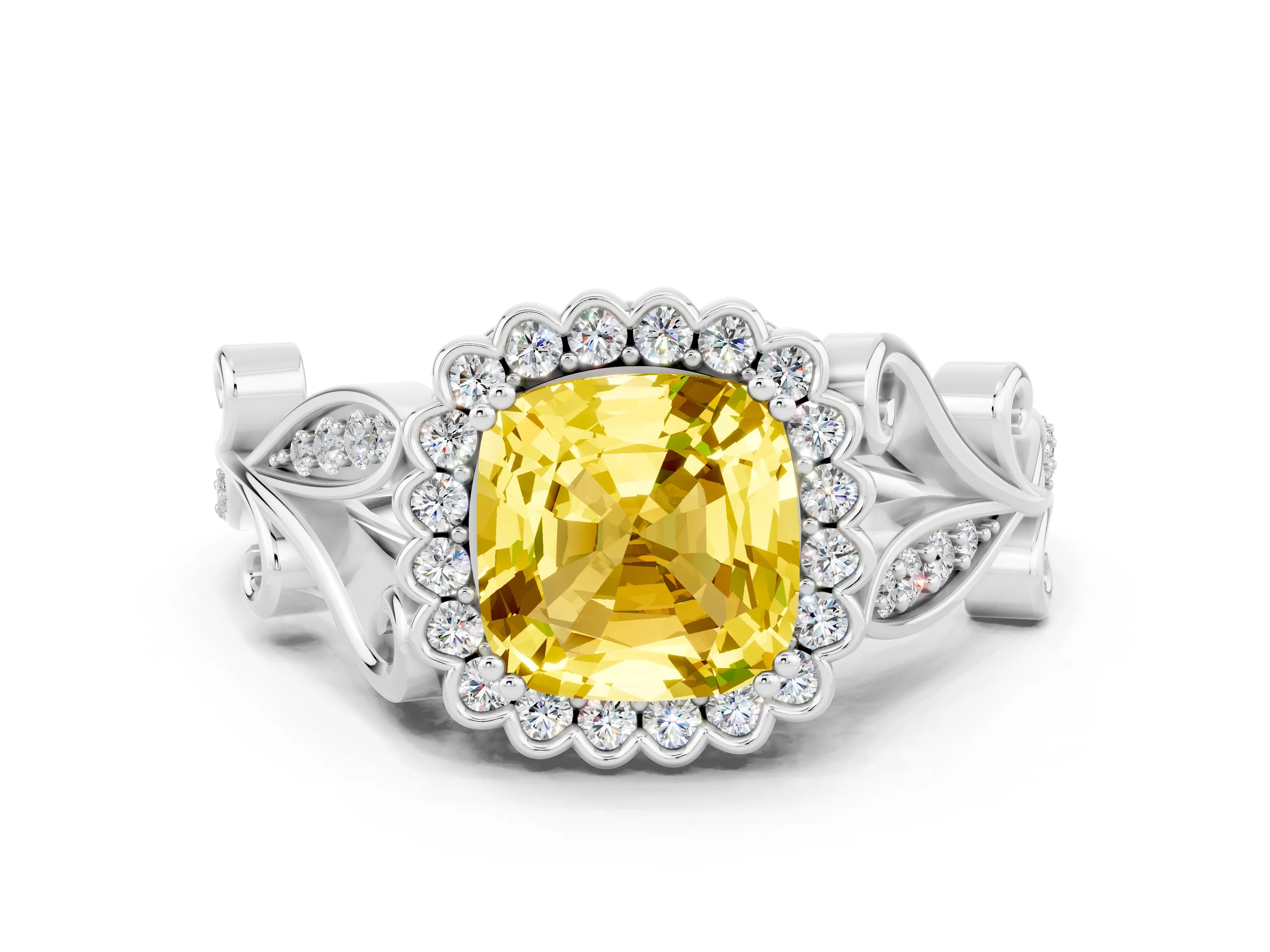 White gold Cushion Cut Yellow Sapphire Halo Ring with Vintage Split Shank and Four-Prong Setting_24