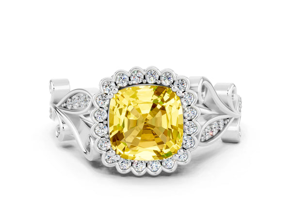 Silver Cushion Cut Yellow Sapphire Halo Ring with Vintage Split Shank and Four-Prong Setting