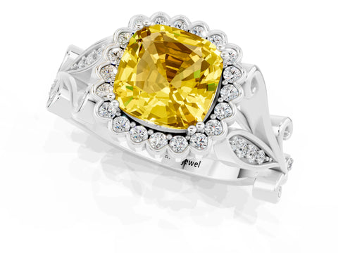 White gold Cushion Cut Yellow Sapphire Halo Ring with Vintage Split Shank and Four-Prong Setting_25