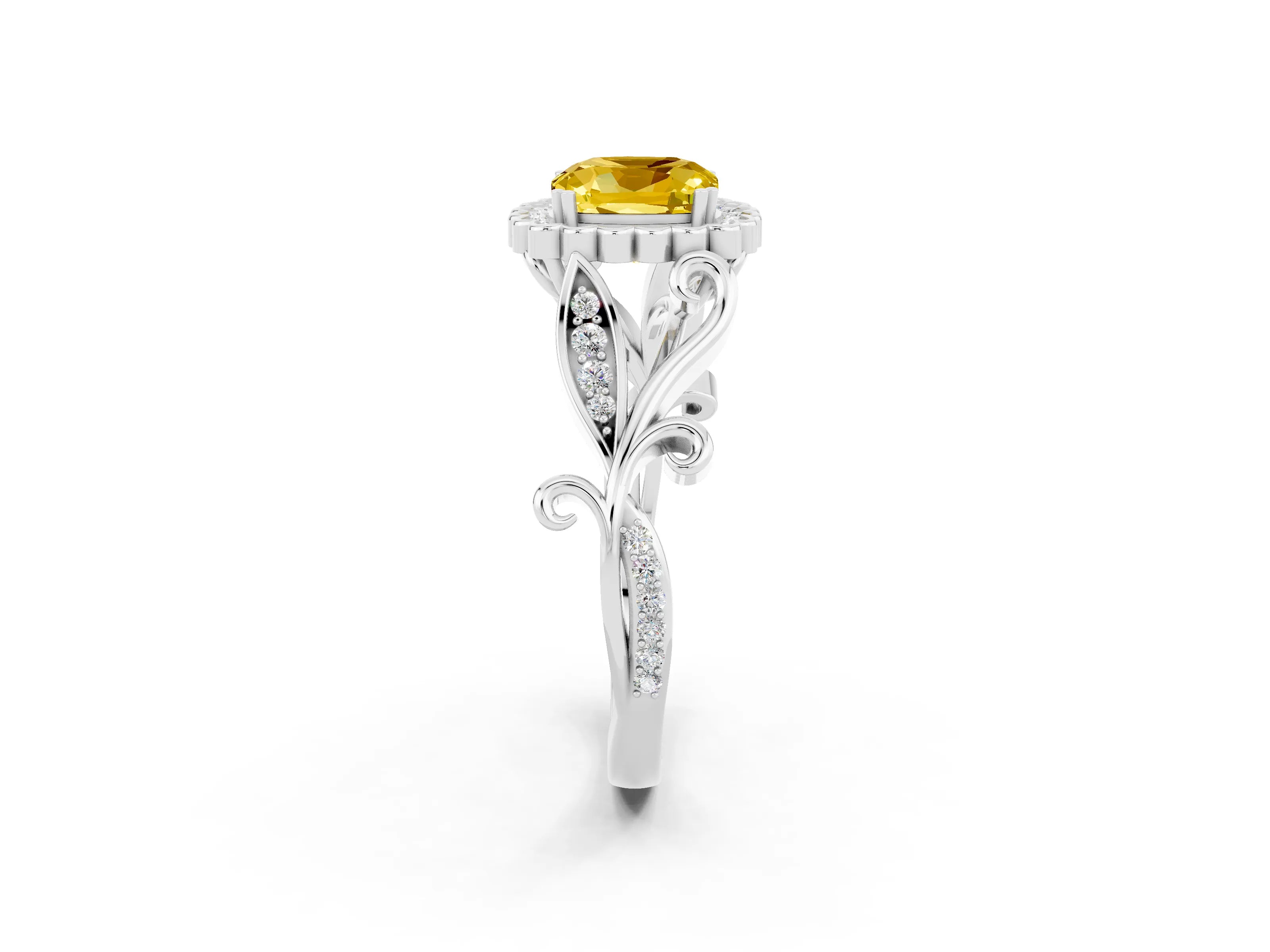 White gold Cushion Cut Yellow Sapphire Halo Ring with Vintage Split Shank and Four-Prong Setting_26