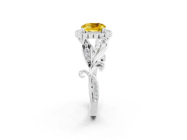 Silver Cushion Cut Yellow Sapphire Halo Ring with Vintage Split Shank and Four-Prong Setting