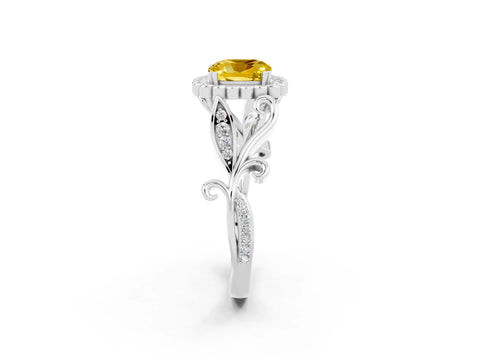 White gold Cushion Cut Yellow Sapphire Halo Ring with Vintage Split Shank and Four-Prong Setting_26