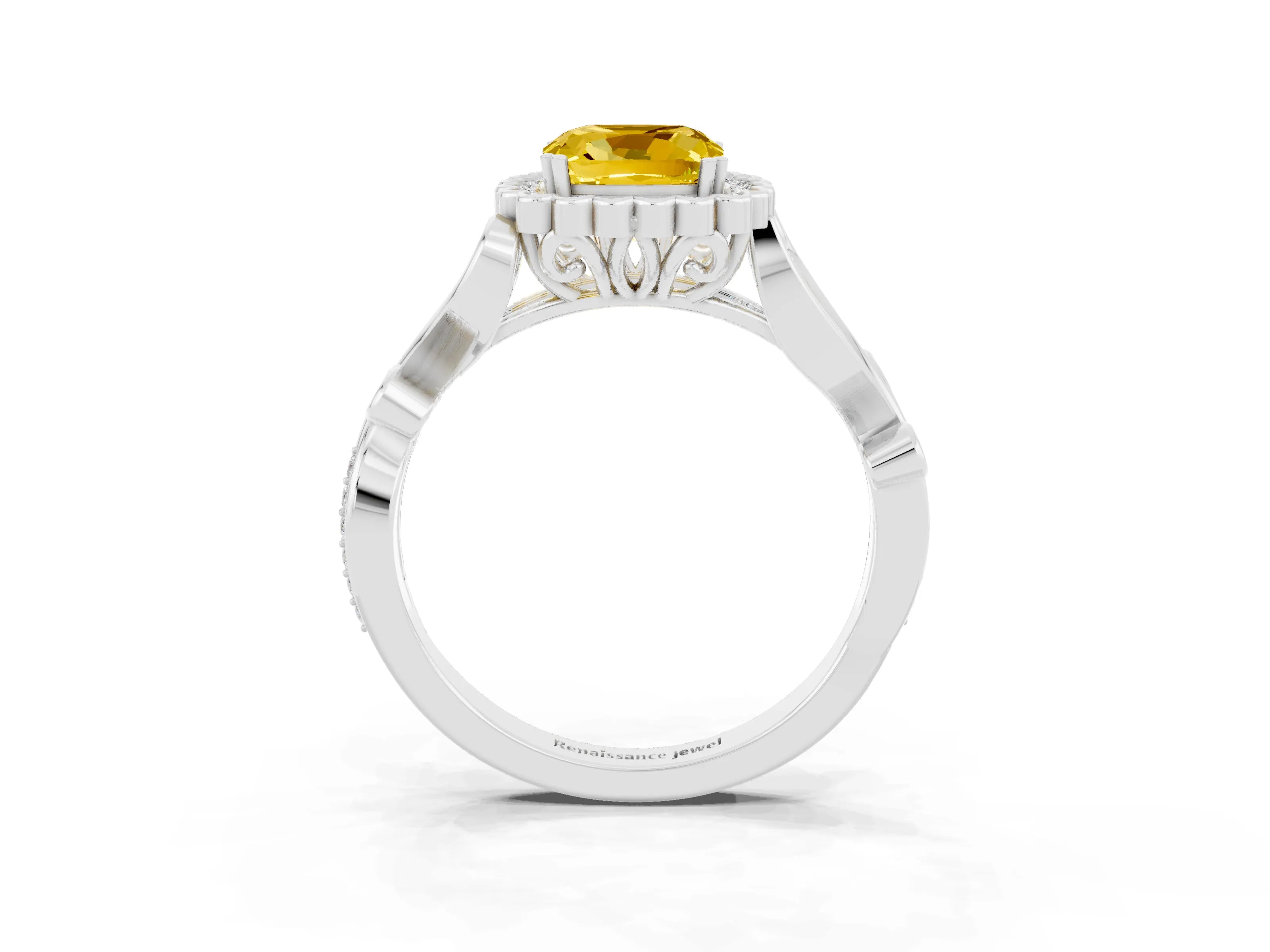White gold Cushion Cut Yellow Sapphire Halo Ring with Vintage Split Shank and Four-Prong Setting_27