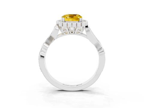 White gold Cushion Cut Yellow Sapphire Halo Ring with Vintage Split Shank and Four-Prong Setting_27