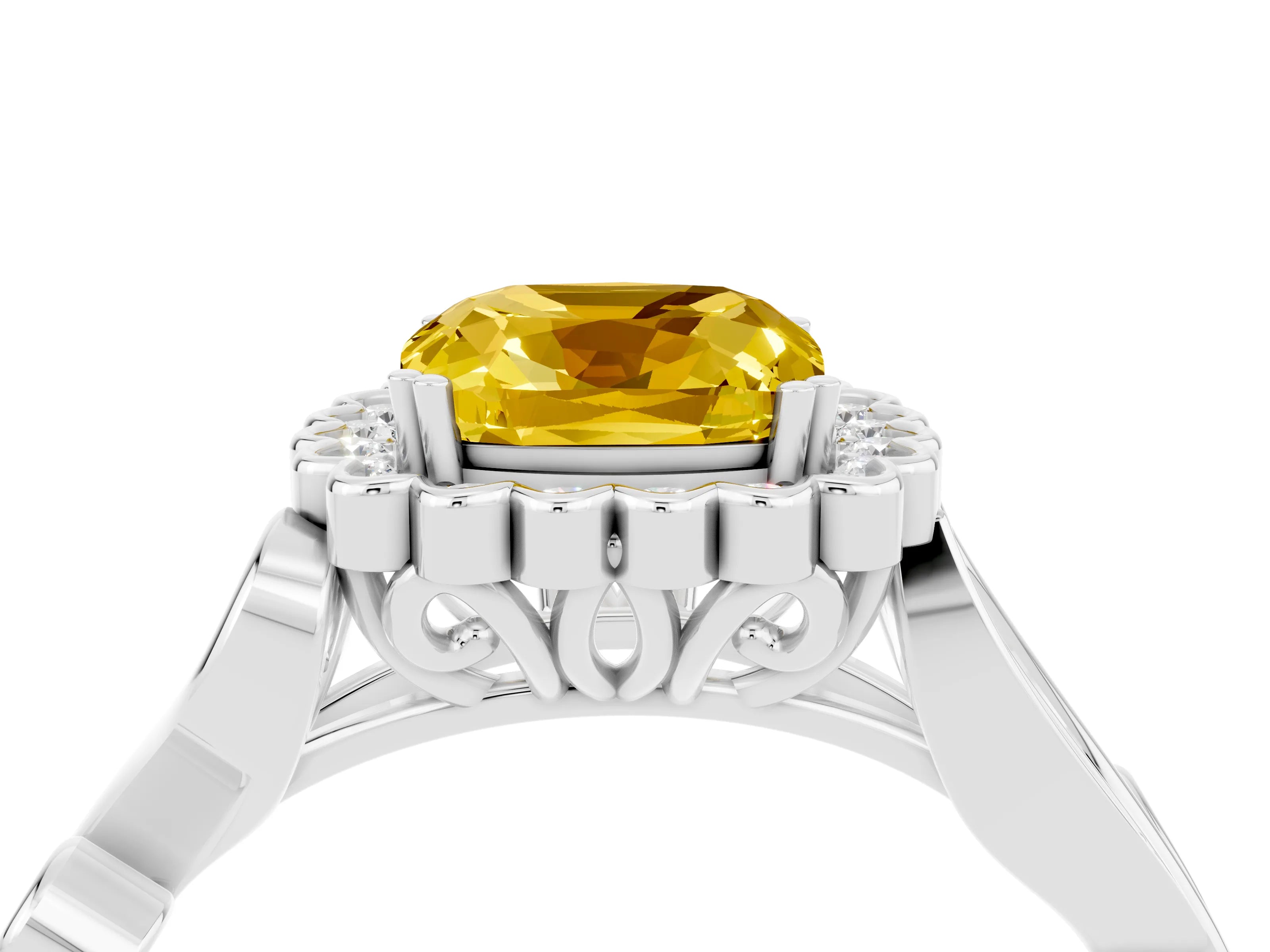 White gold Cushion Cut Yellow Sapphire Halo Ring with Vintage Split Shank and Four-Prong Setting_28