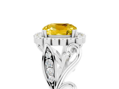 White gold Cushion Cut Yellow Sapphire Halo Ring with Vintage Split Shank and Four-Prong Setting_29
