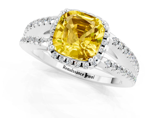 Platinum Cushion Cut Yellow Sapphire Halo Split Shank Engagement Ring