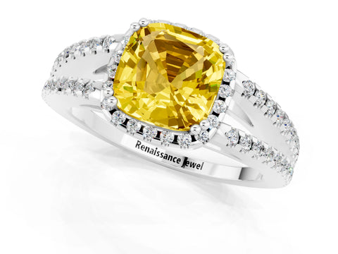 White gold Cushion Cut Yellow Sapphire Halo Split Shank Engagement Ring_13