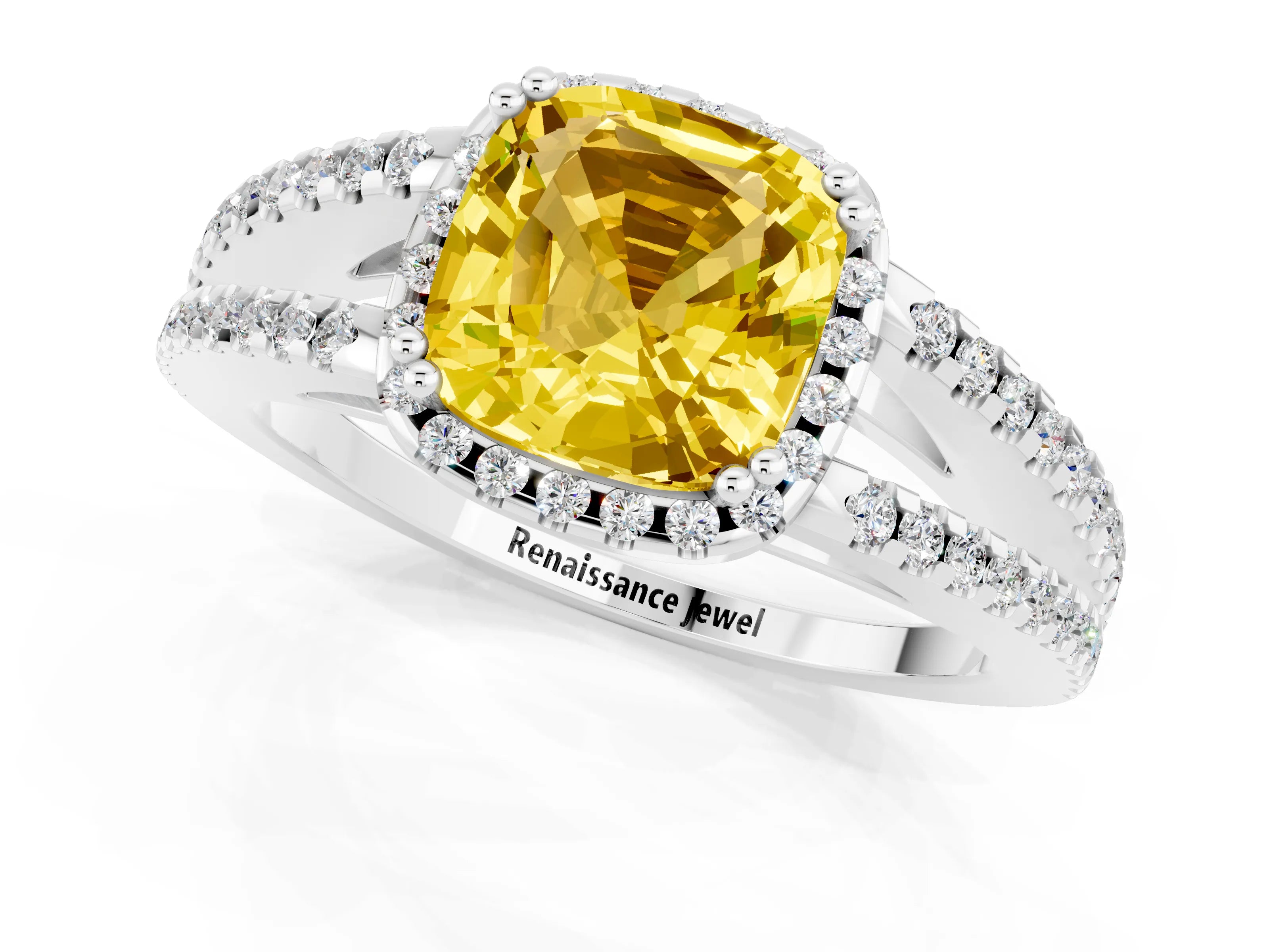 White gold Cushion Cut Yellow Sapphire Halo Split Shank Engagement Ring_13
