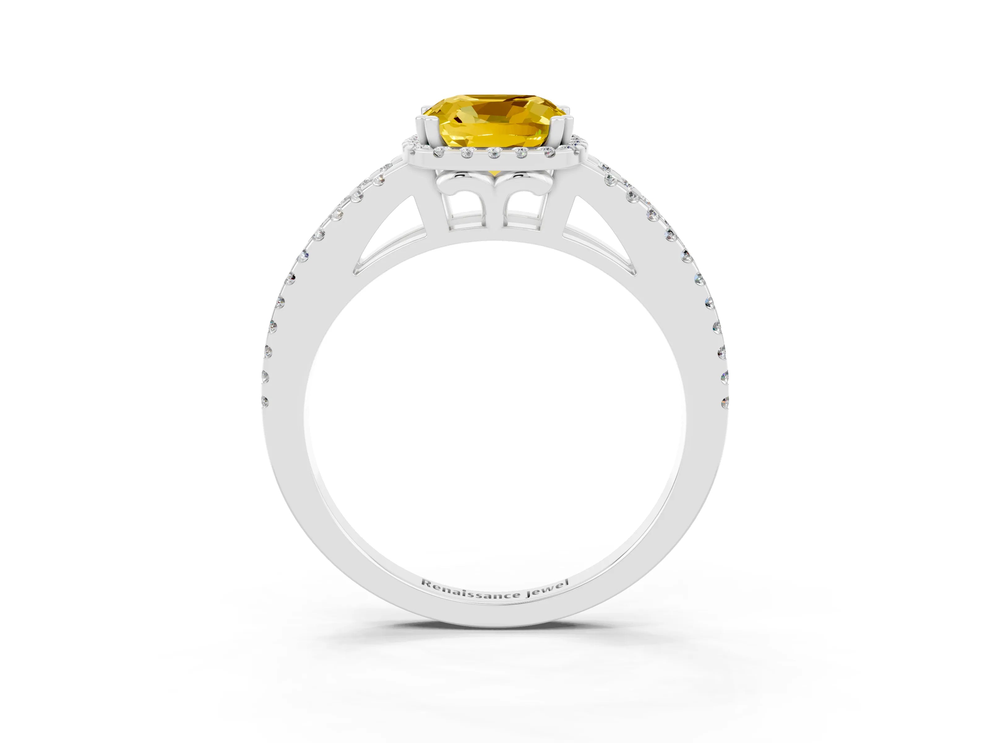 White gold Cushion Cut Yellow Sapphire Halo Split Shank Engagement Ring_15