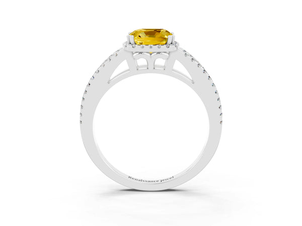 White gold Cushion Cut Yellow Sapphire Halo Split Shank Engagement Ring