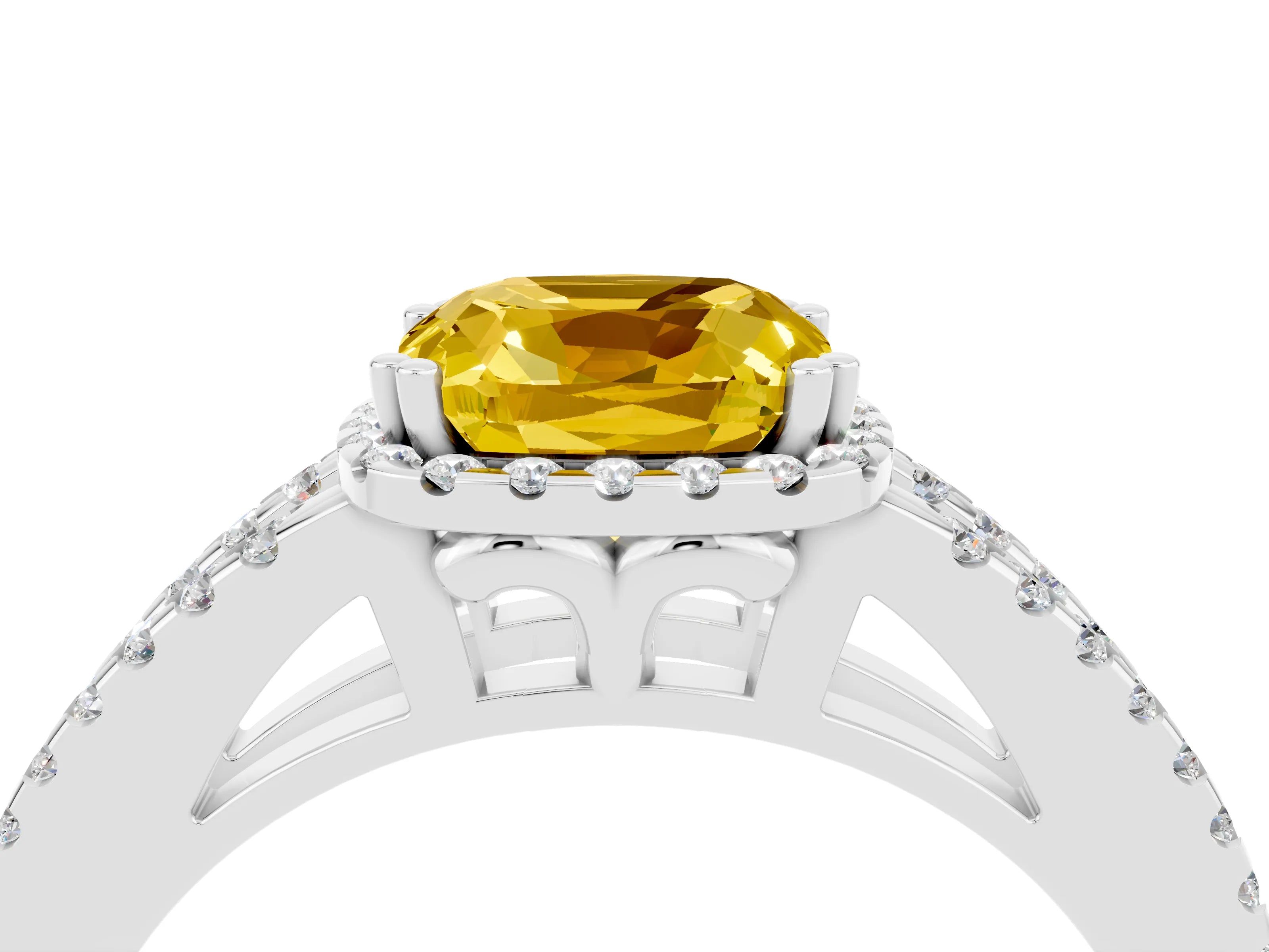 White gold Cushion Cut Yellow Sapphire Halo Split Shank Engagement Ring_16