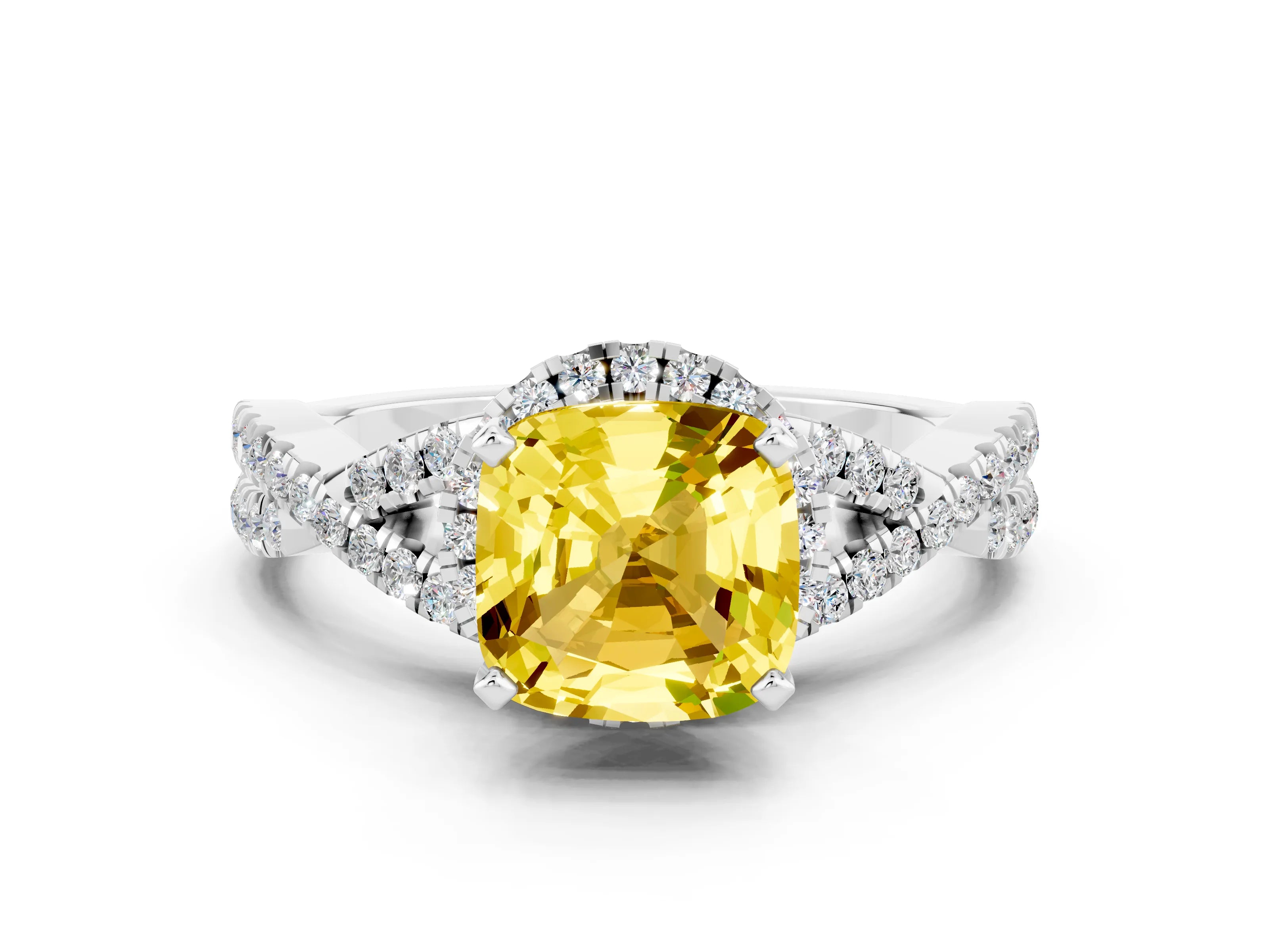 White gold Cushion Cut Yellow Sapphire Halo Twist Band Solitaire Prong Setting Ring_24