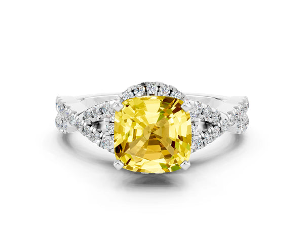 Silver Cushion Cut Yellow Sapphire  Halo Twist Band Solitaire Prong Setting Ring