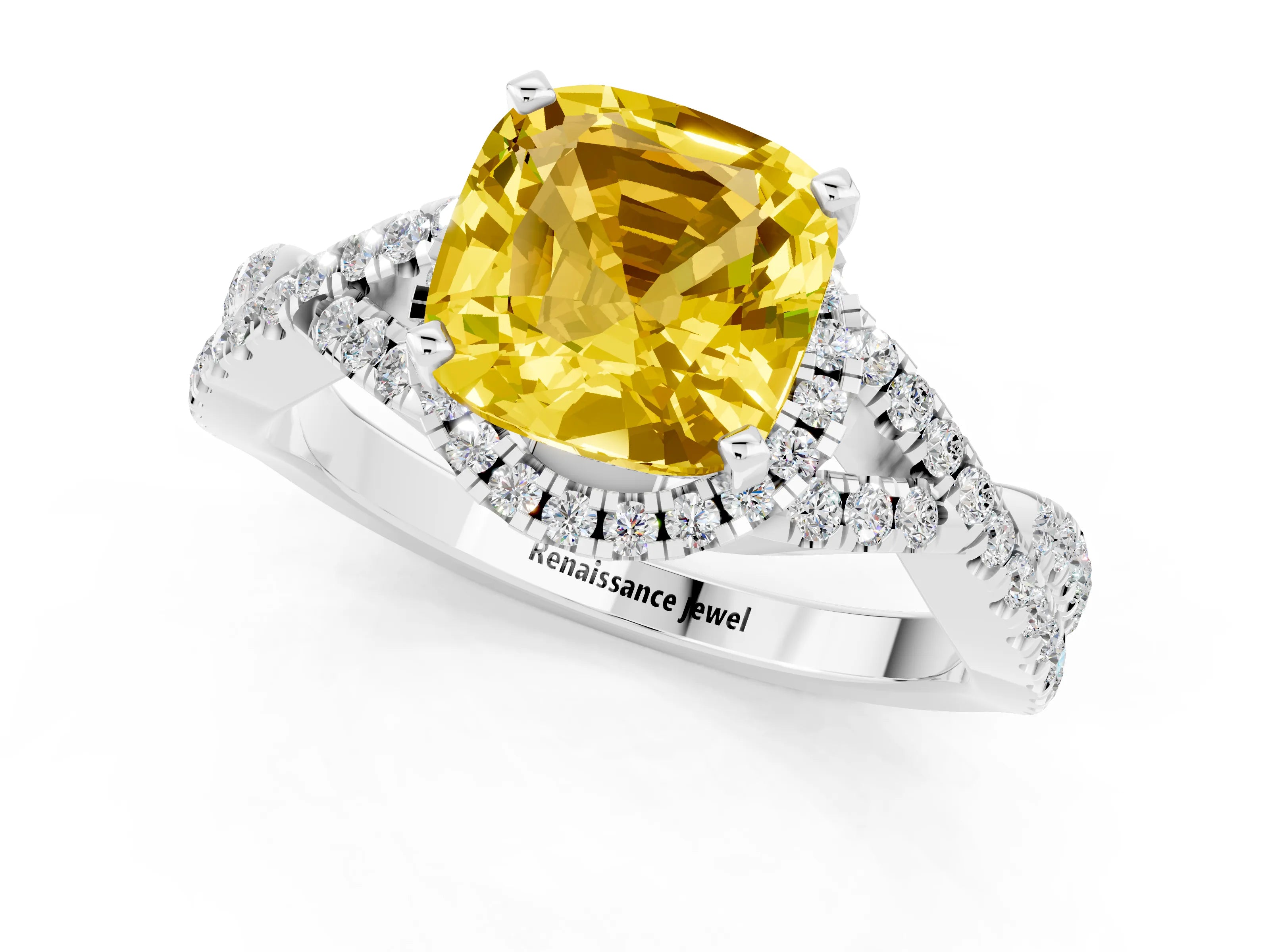 White gold Cushion Cut Yellow Sapphire Halo Twist Band Solitaire Prong Setting Ring_25