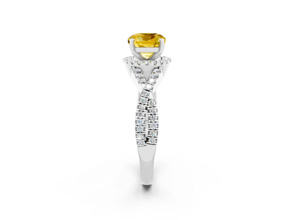 Platinum Cushion Cut Yellow Sapphire  Halo Twist Band Solitaire Prong Setting Ring