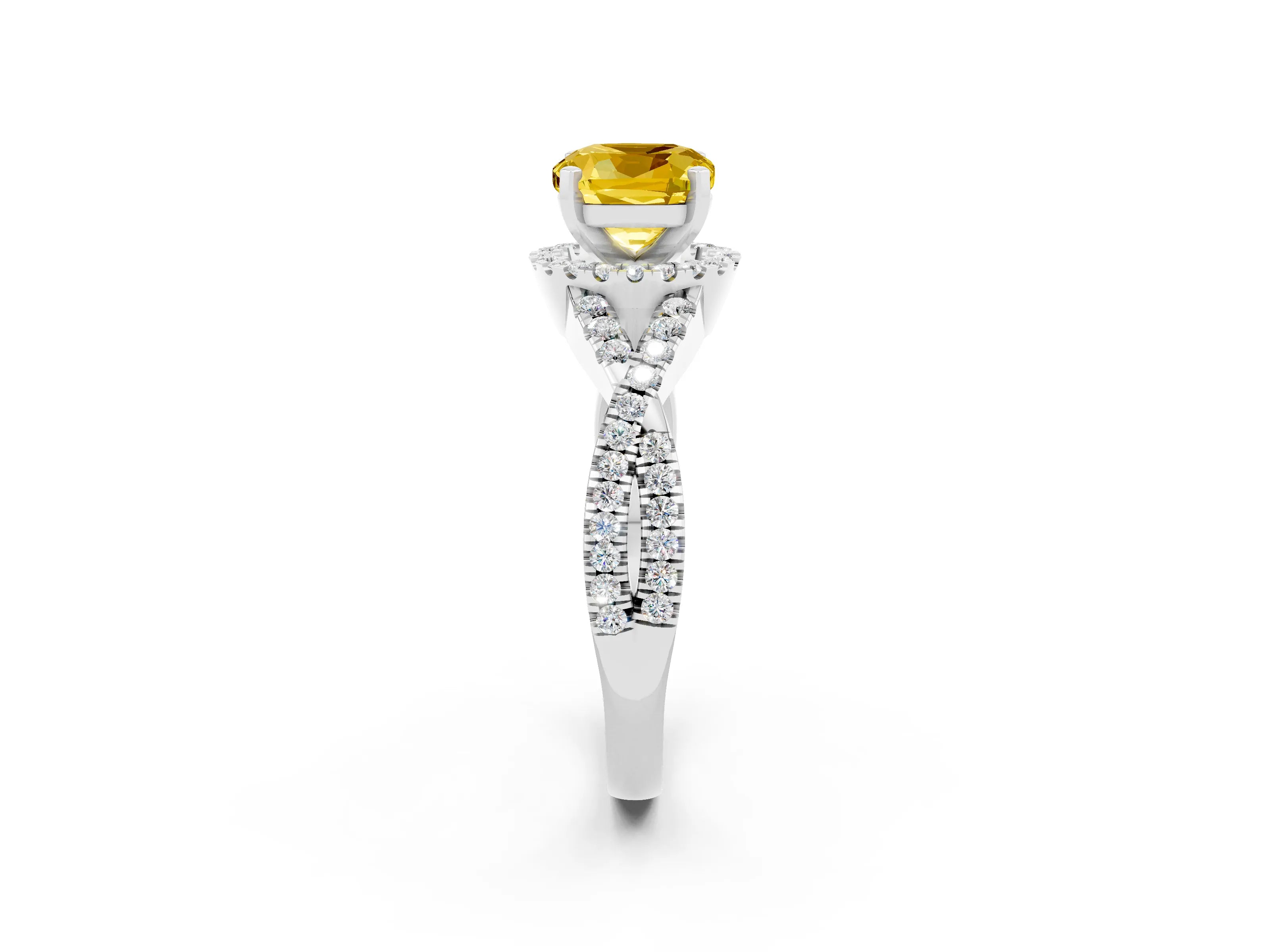 White gold Cushion Cut Yellow Sapphire Halo Twist Band Solitaire Prong Setting Ring_26