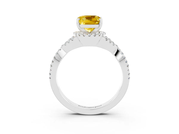 Silver Cushion Cut Yellow Sapphire  Halo Twist Band Solitaire Prong Setting Ring