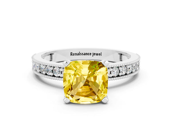 Silver Cushion Cut Yellow Sapphire Milgrain Pavé Engagement Ring with Four-Prong Setting