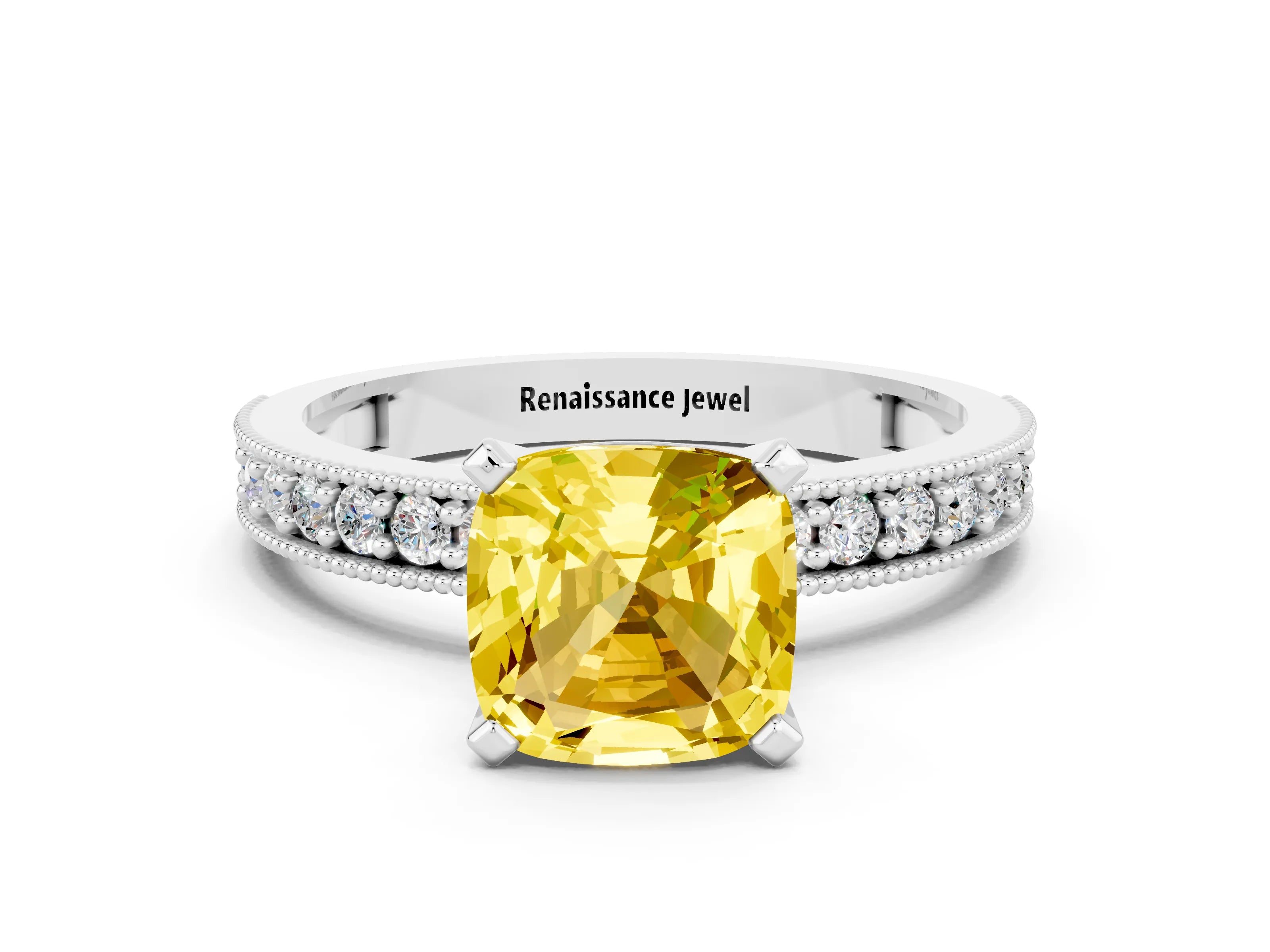 White gold Cushion Cut Yellow Sapphire Milgrain Pavé Engagement Ring with Four-Prong Setting_36