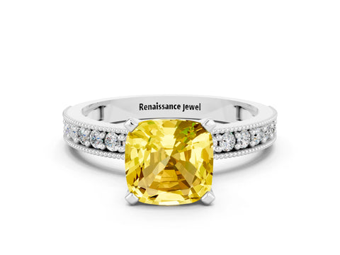 White gold Cushion Cut Yellow Sapphire Milgrain Pavé Engagement Ring with Four-Prong Setting_36