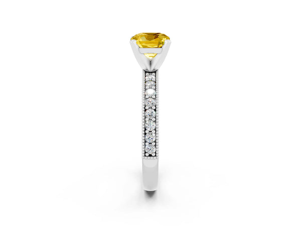 White gold Cushion Cut Yellow Sapphire Milgrain Pavé Engagement Ring with Four-Prong Setting
