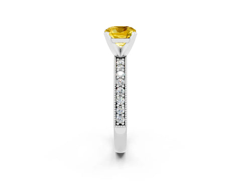 White gold Cushion Cut Yellow Sapphire Milgrain Pavé Engagement Ring with Four-Prong Setting_38