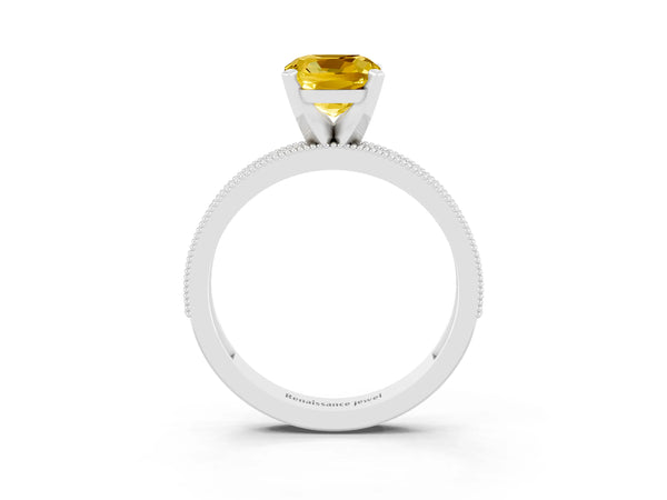 Silver Cushion Cut Yellow Sapphire Milgrain Pavé Engagement Ring with Four-Prong Setting