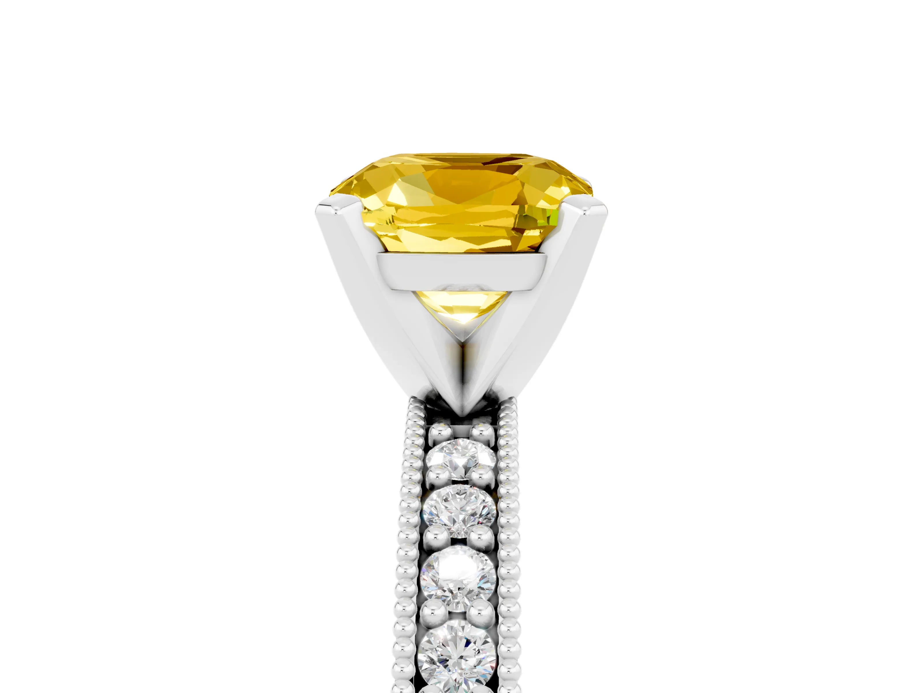 White gold Cushion Cut Yellow Sapphire Milgrain Pavé Engagement Ring with Four-Prong Setting_41