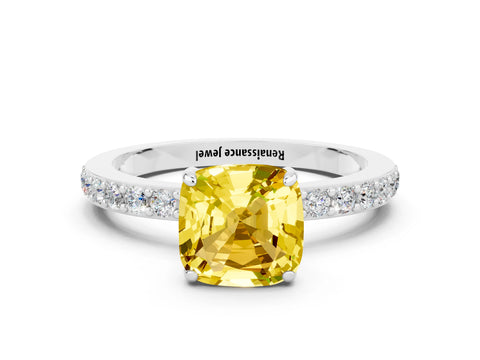 White gold Cushion Cut Yellow Sapphire Pavé Engagement Ring with Round  Accents and Prong Setting_48