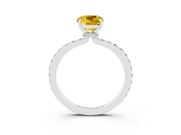 White gold Cushion Cut Yellow Sapphire Pavé Engagement Ring with Round  Accents and Prong Setting