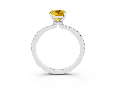 White gold Cushion Cut Yellow Sapphire Pavé Engagement Ring with Round  Accents and Prong Setting_51