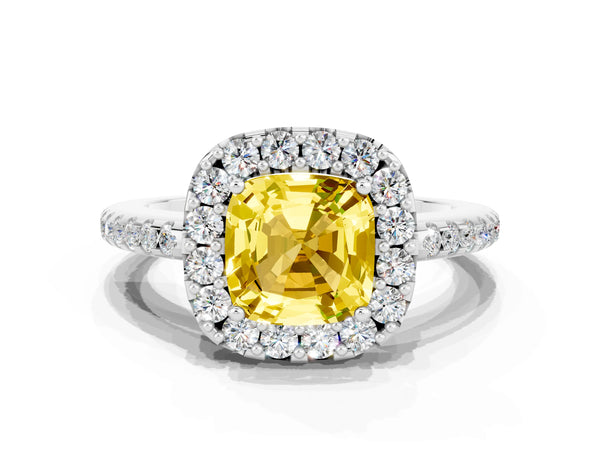Platinum Cushion Cut Yellow Sapphire Pavé Halo Ring with Four-Prong Setting