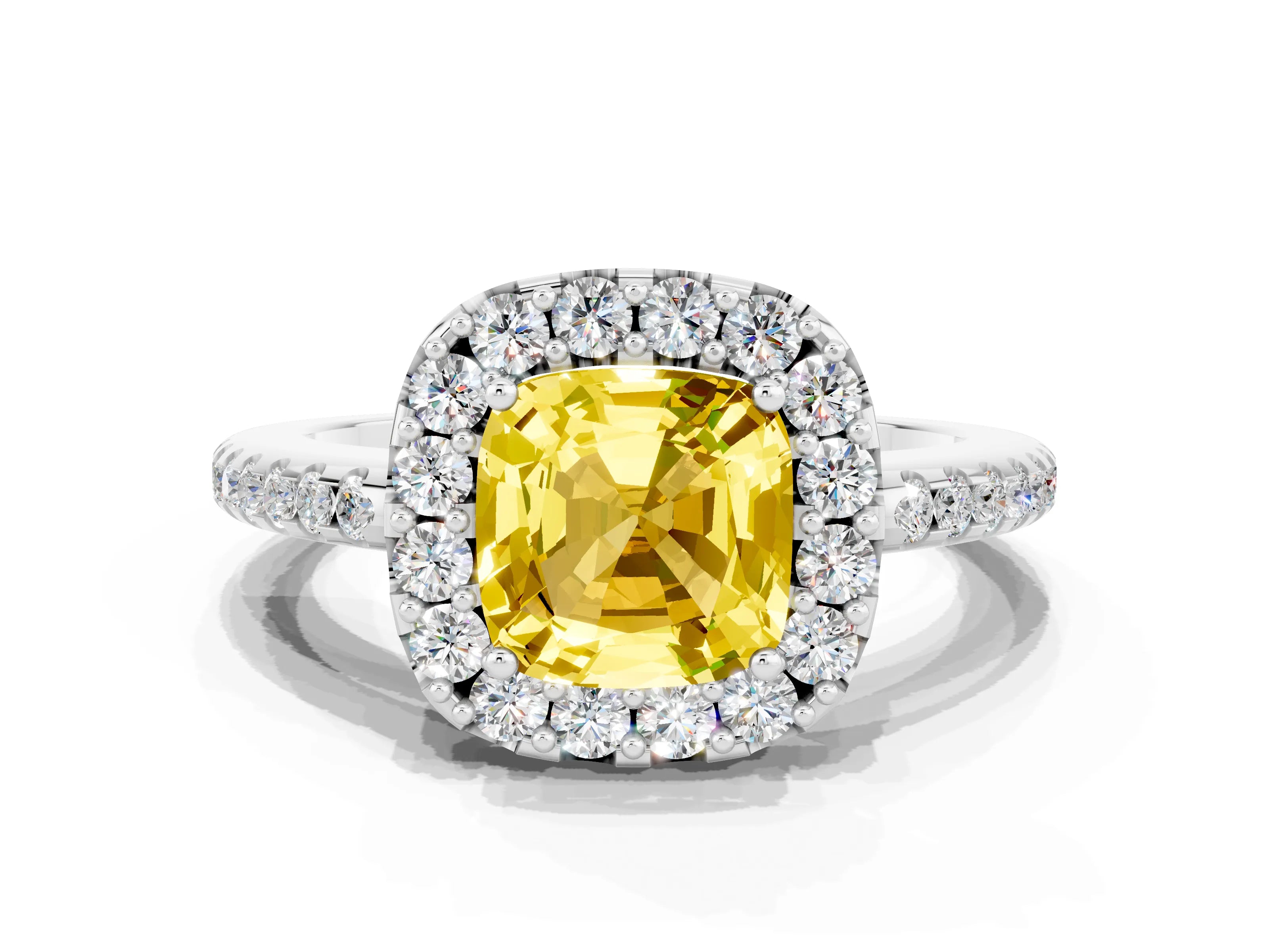 White gold Cushion Cut Yellow Sapphire Pavé Halo Ring with Four-Prong Setting_12