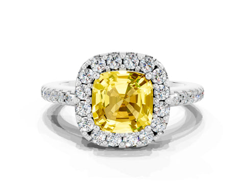 White gold Cushion Cut Yellow Sapphire Pavé Halo Ring with Four-Prong Setting_12