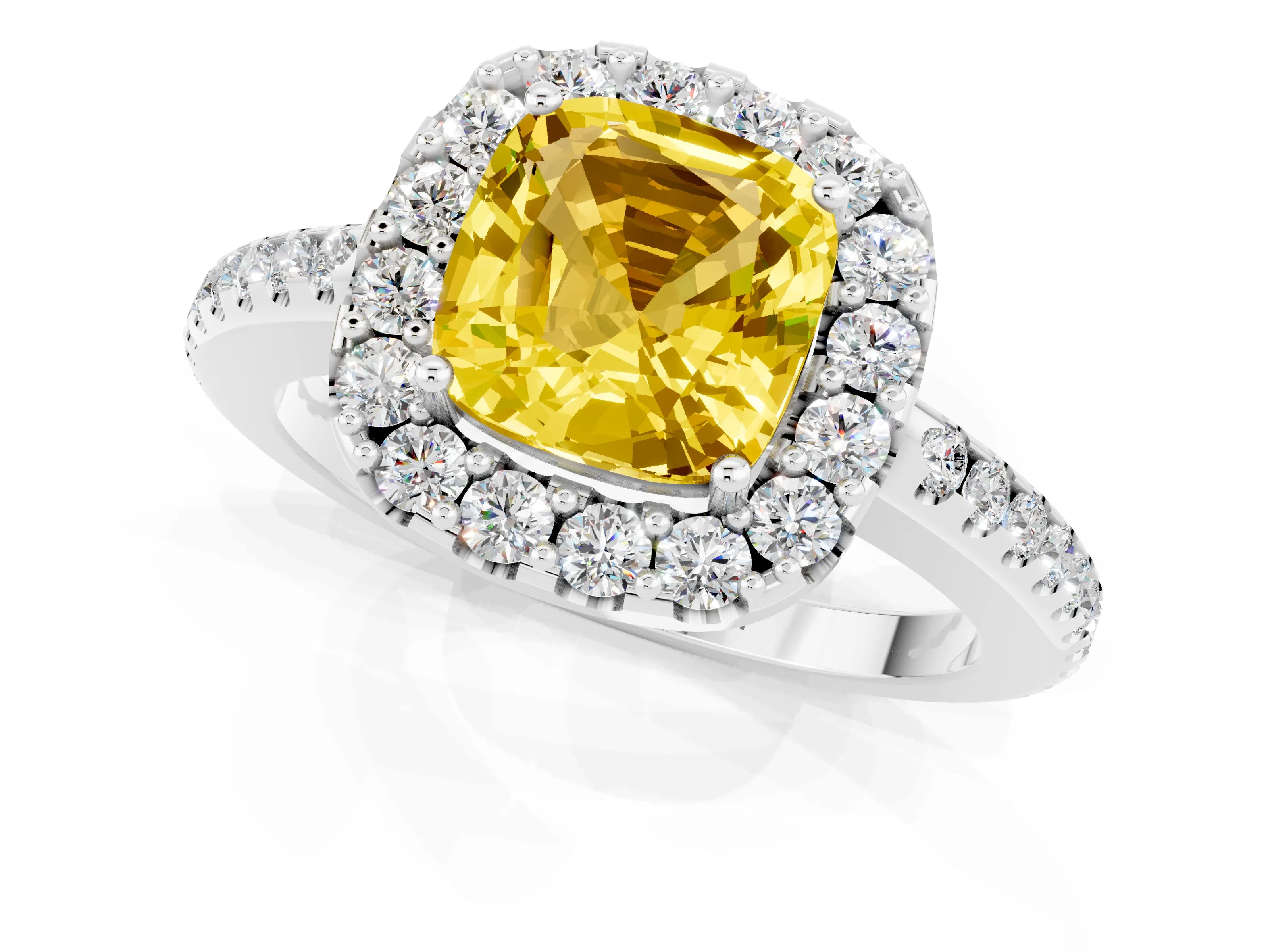 White gold Cushion Cut Yellow Sapphire Pavé Halo Ring with Four-Prong Setting_13