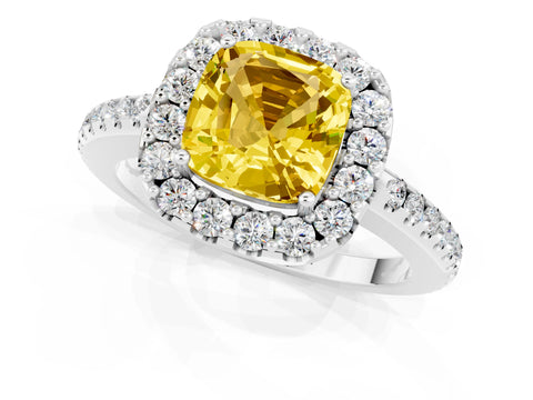 White gold Cushion Cut Yellow Sapphire Pavé Halo Ring with Four-Prong Setting_13