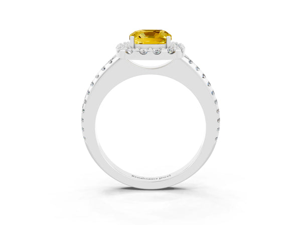 Platinum Cushion Cut Yellow Sapphire Pavé Halo Ring with Four-Prong Setting