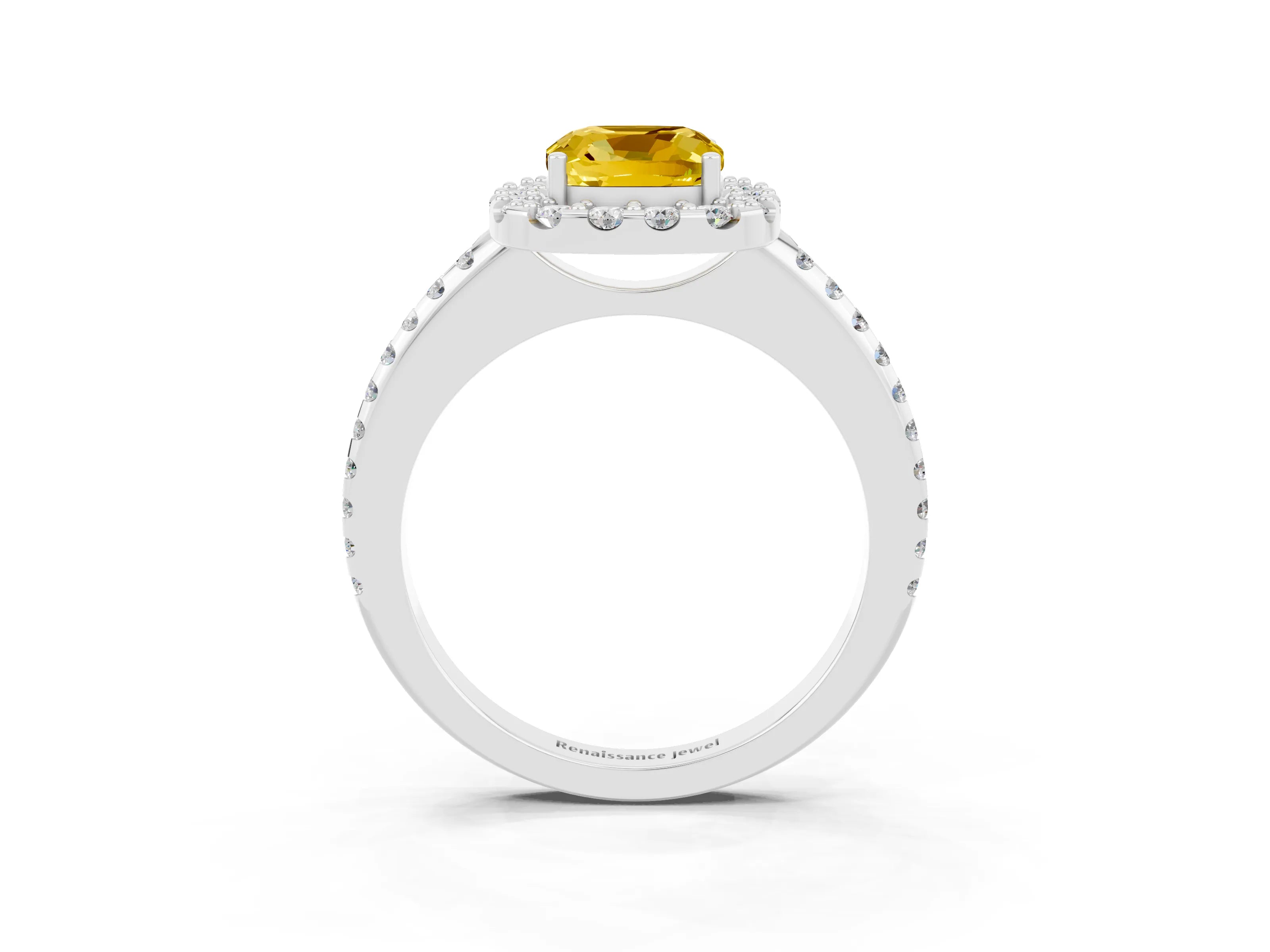 White gold Cushion Cut Yellow Sapphire Pavé Halo Ring with Four-Prong Setting_15