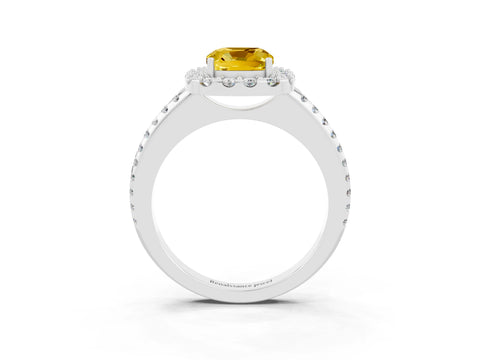 White gold Cushion Cut Yellow Sapphire Pavé Halo Ring with Four-Prong Setting_15