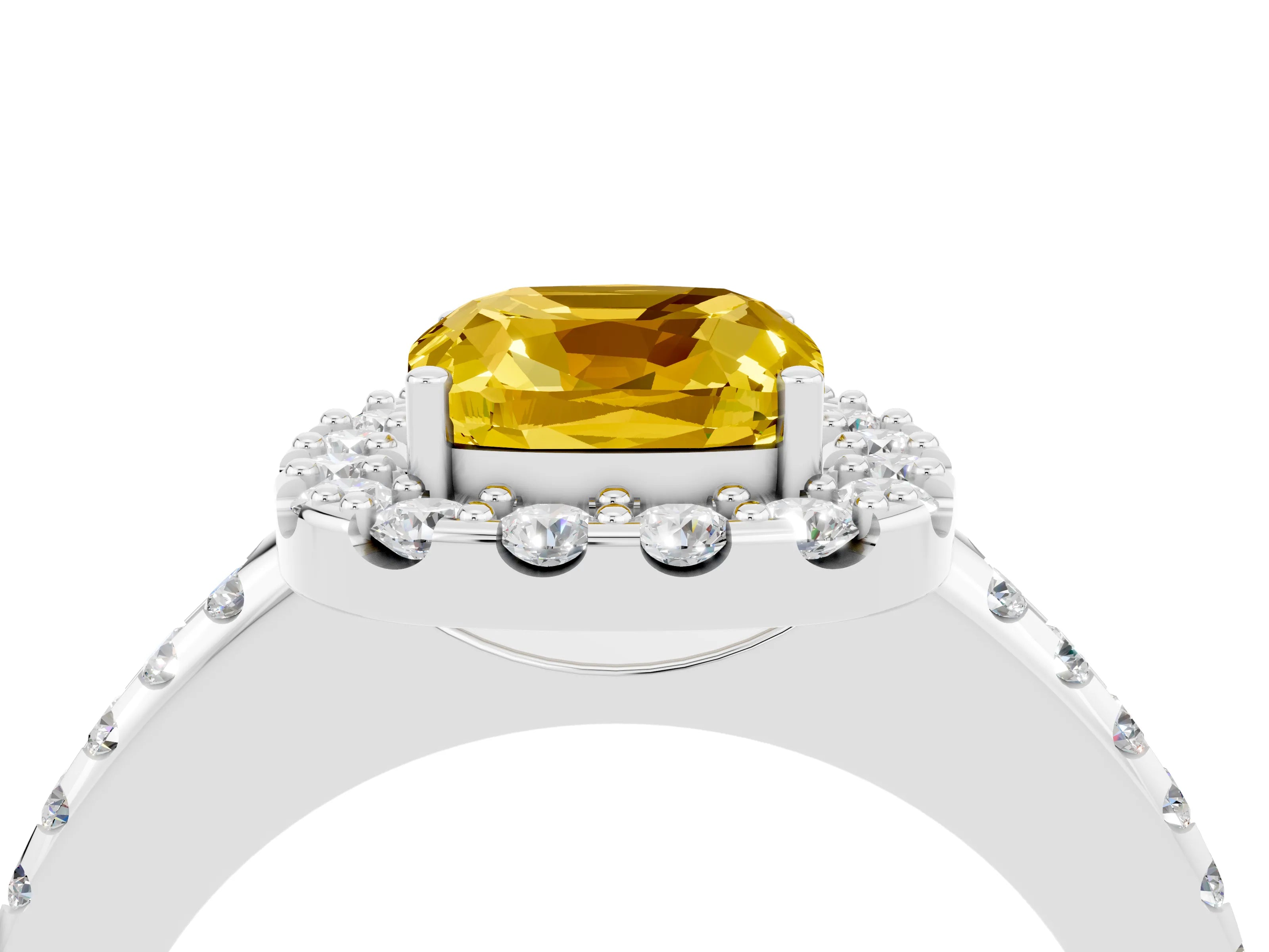 White gold Cushion Cut Yellow Sapphire Pavé Halo Ring with Four-Prong Setting_16