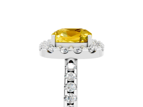 White gold Cushion Cut Yellow Sapphire Pavé Halo Ring with Four-Prong Setting_17
