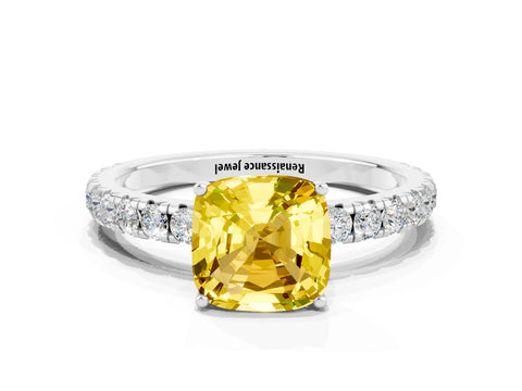 White gold Cushion Cut Yellow Sapphire Pavé Solitaire Engagement Ring with Four-Prong Setting_12