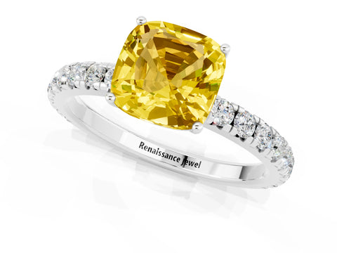 White gold Cushion Cut Yellow Sapphire Pavé Solitaire Engagement Ring with Four-Prong Setting_13