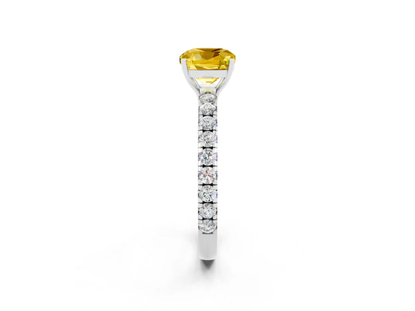 Silver Cushion Cut Yellow Sapphire Pavé Solitaire Engagement Ring with Four-Prong Setting