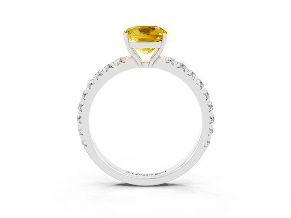 White gold Cushion Cut Yellow Sapphire Pavé Solitaire Engagement Ring with Four-Prong Setting