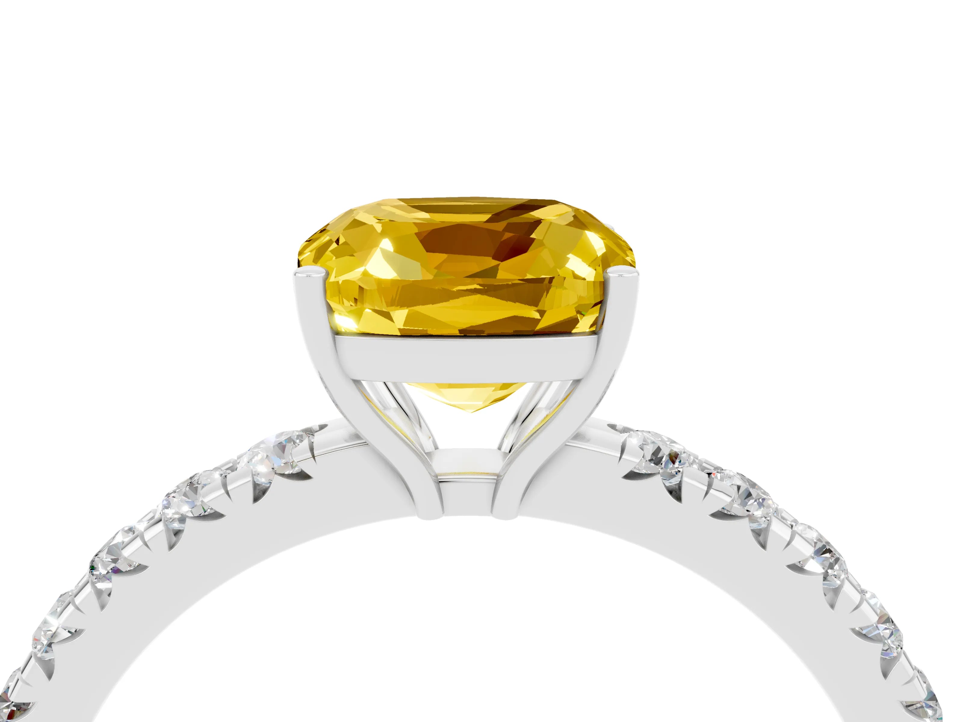 White gold Cushion Cut Yellow Sapphire Pavé Solitaire Engagement Ring with Four-Prong Setting_16